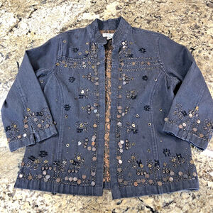Size S Coldwater Creek Women’s Open Jean Jacket Embroidered Beaded 3/4 Sleeve IN